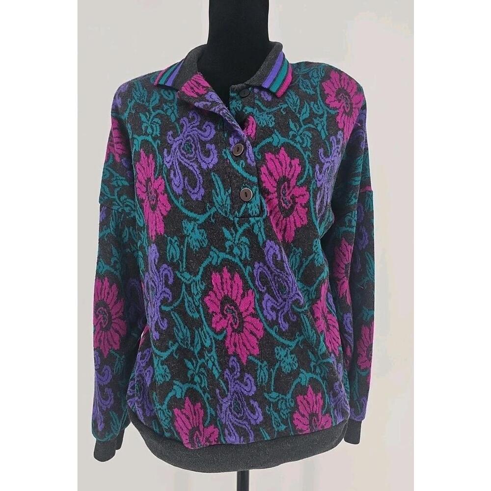 Vintage Season Ticket Women's Medium‎ Sweater Floral Button 80s Grandma